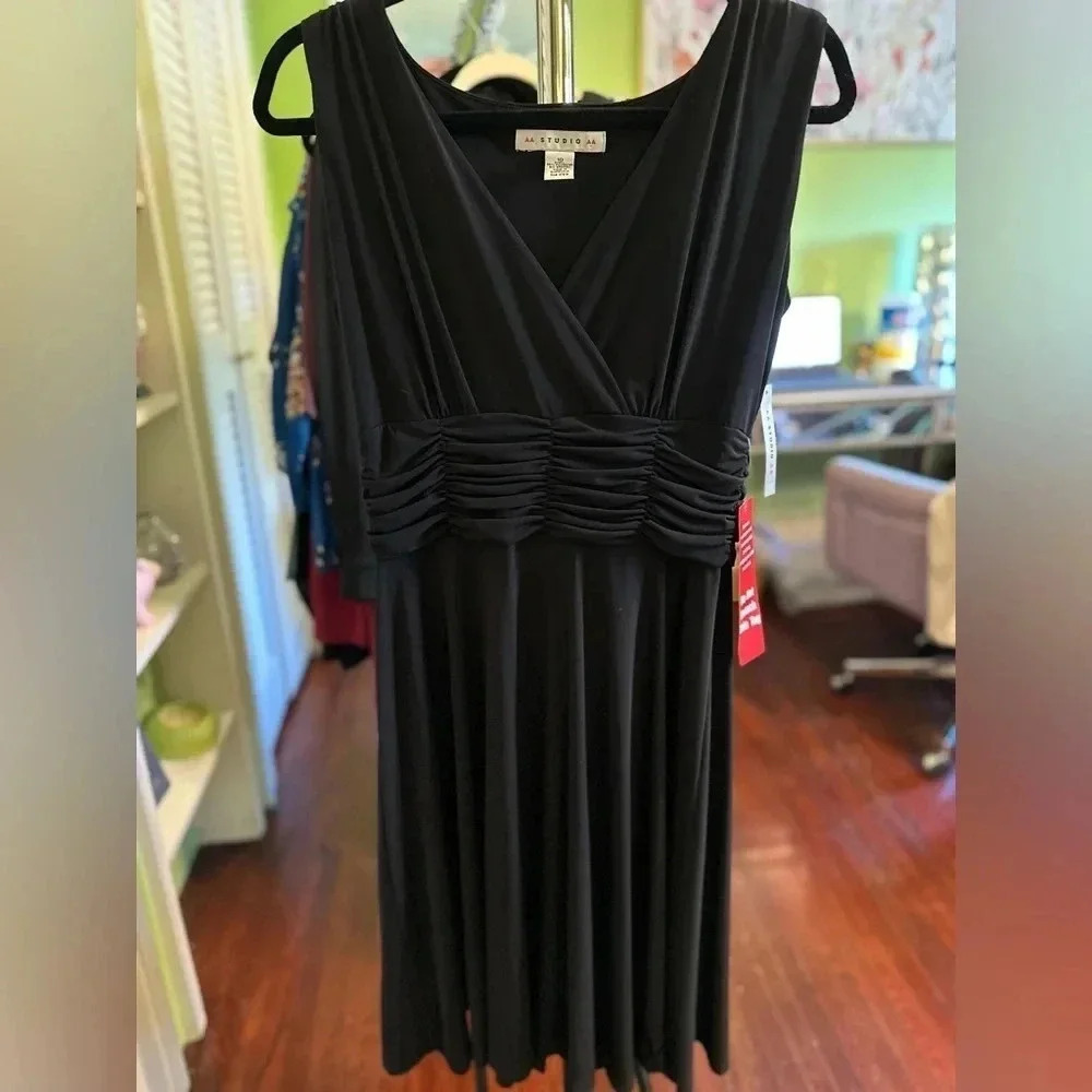 AA Studio Black Sleeveless Ruched Dress – Size 10 NWT